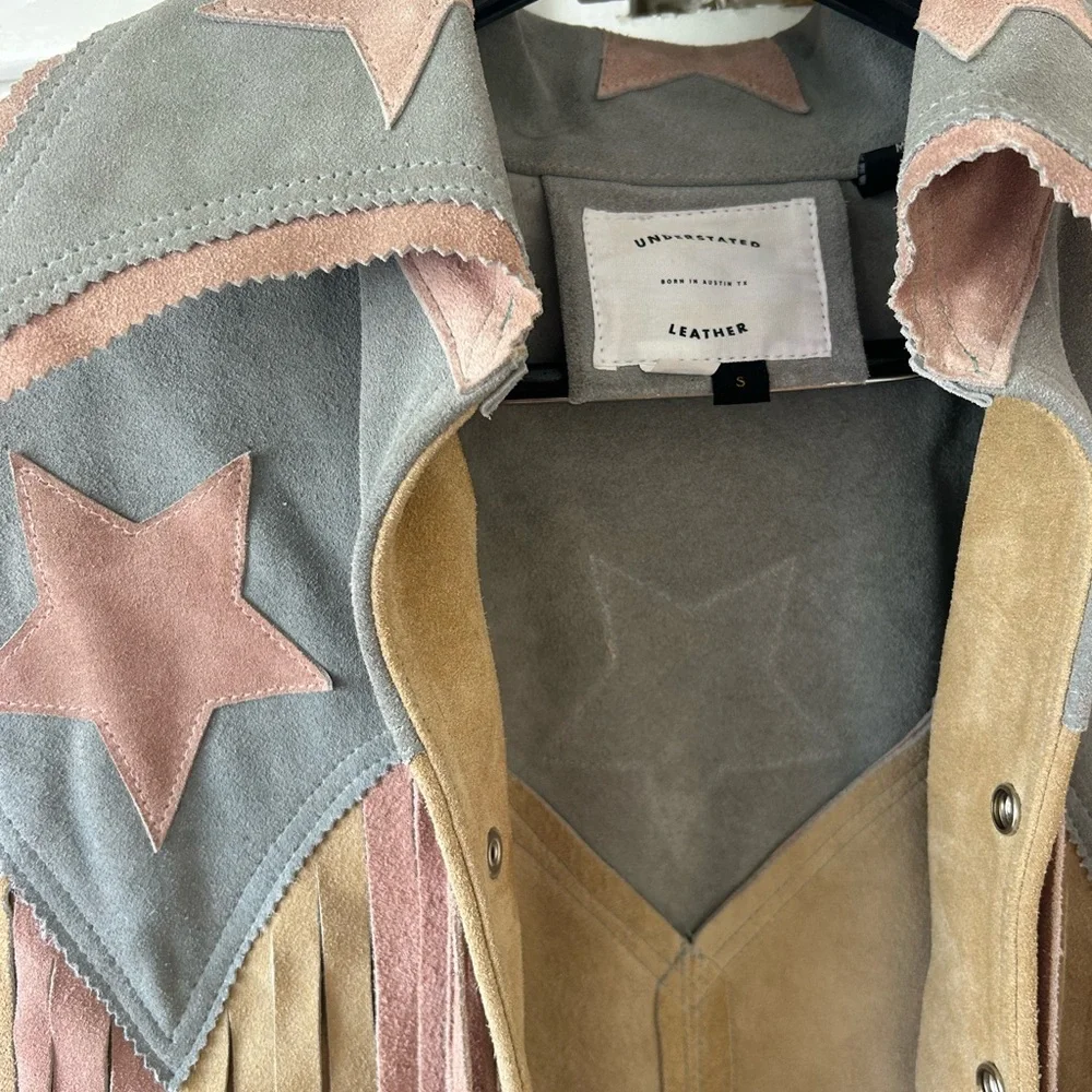 Women's Suede Fringe Jacket with Star Accents - Picture 5 of 6